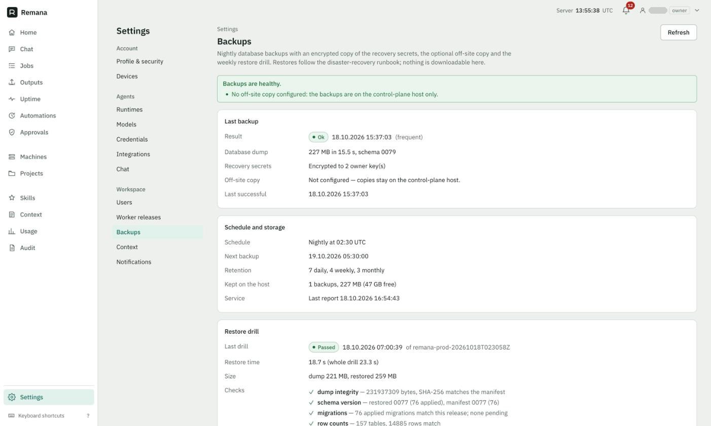Settings Backups: Restore drill Passed, 18.7 s restore, whole drill 23.3 s