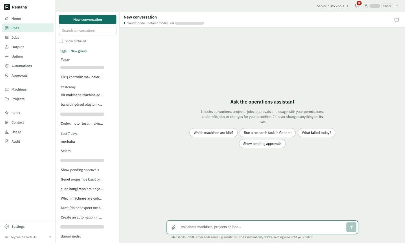Chat ana ekranı: Ask the operations assistant ve örnek sorular